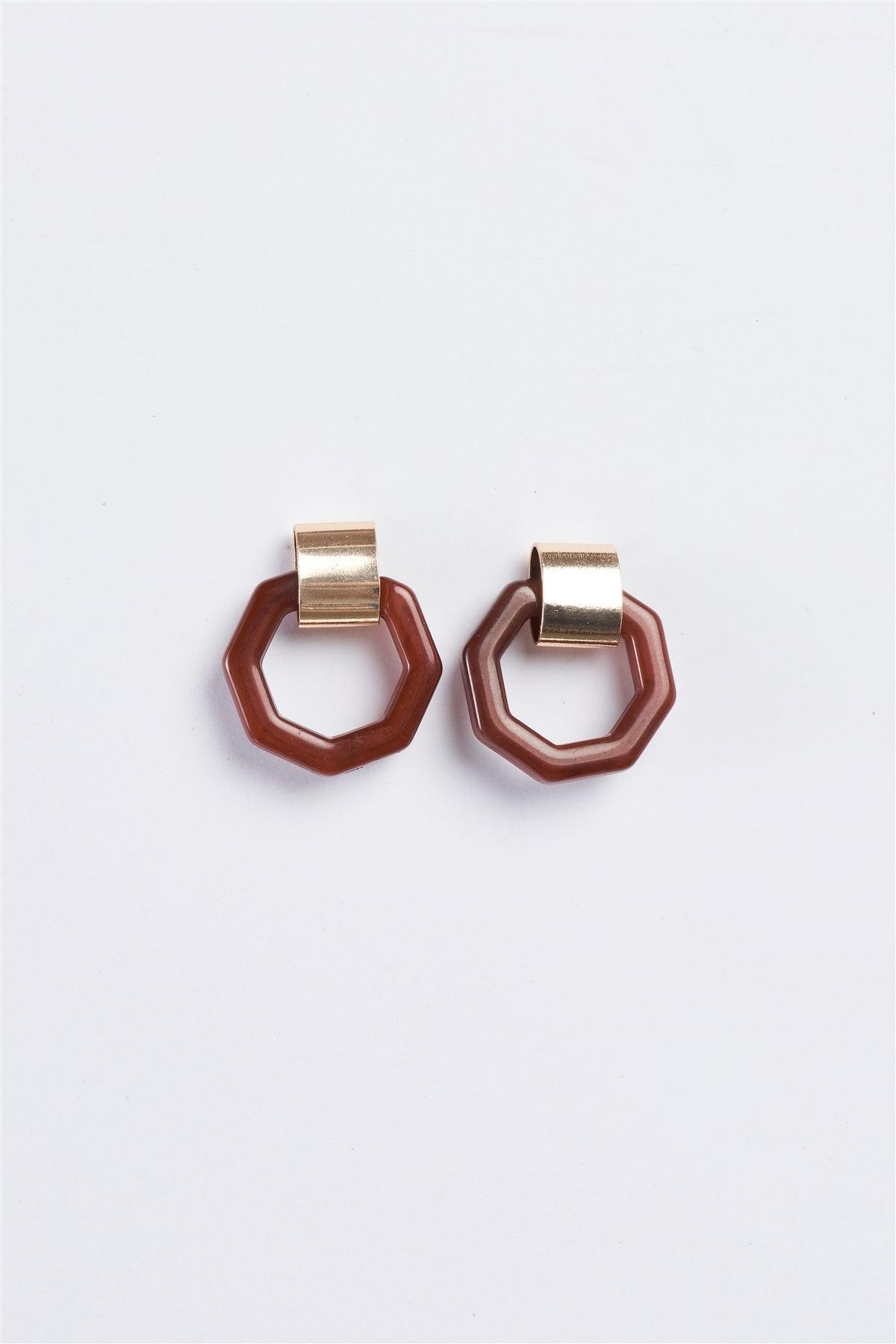 Brown & Gold Heptahedron Dandle Earrings /3 Pairs