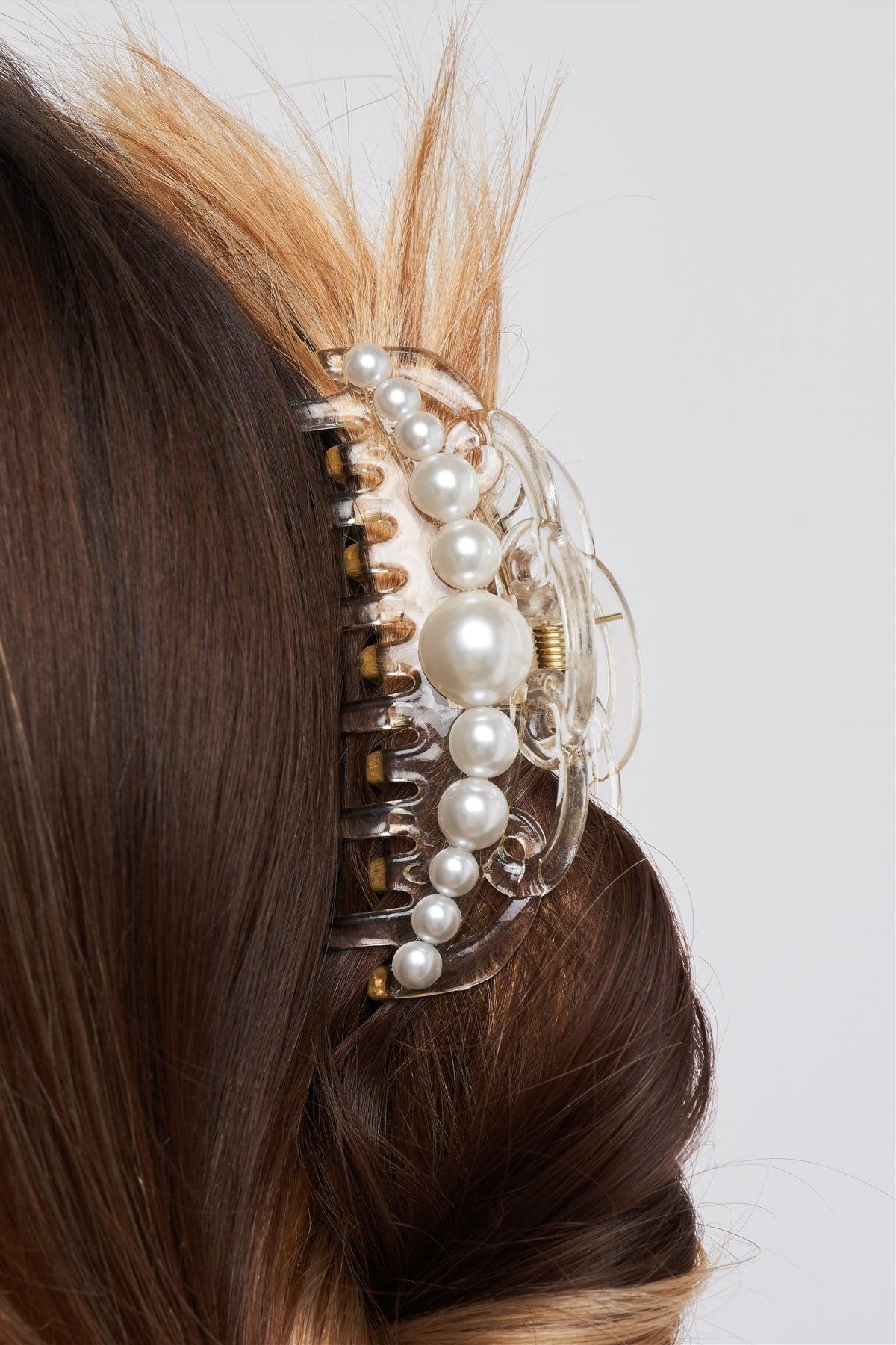 "Princess Hairpin" White & Pearl Large Hair Clip /3 Pieces