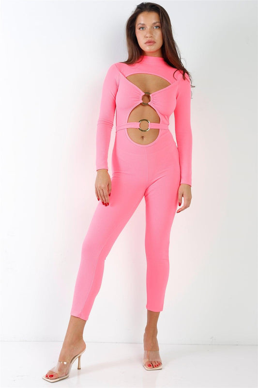 Neon Pink Center Gold "O" Emblem Cut Out Ankle Length Jumpsuit  /2-2-2