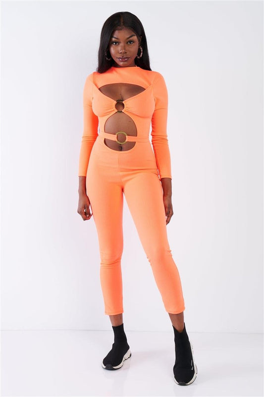 Orange Center Gold "O" Emblem Cut Out Ankle Length Jumpsuit  /2-2-2