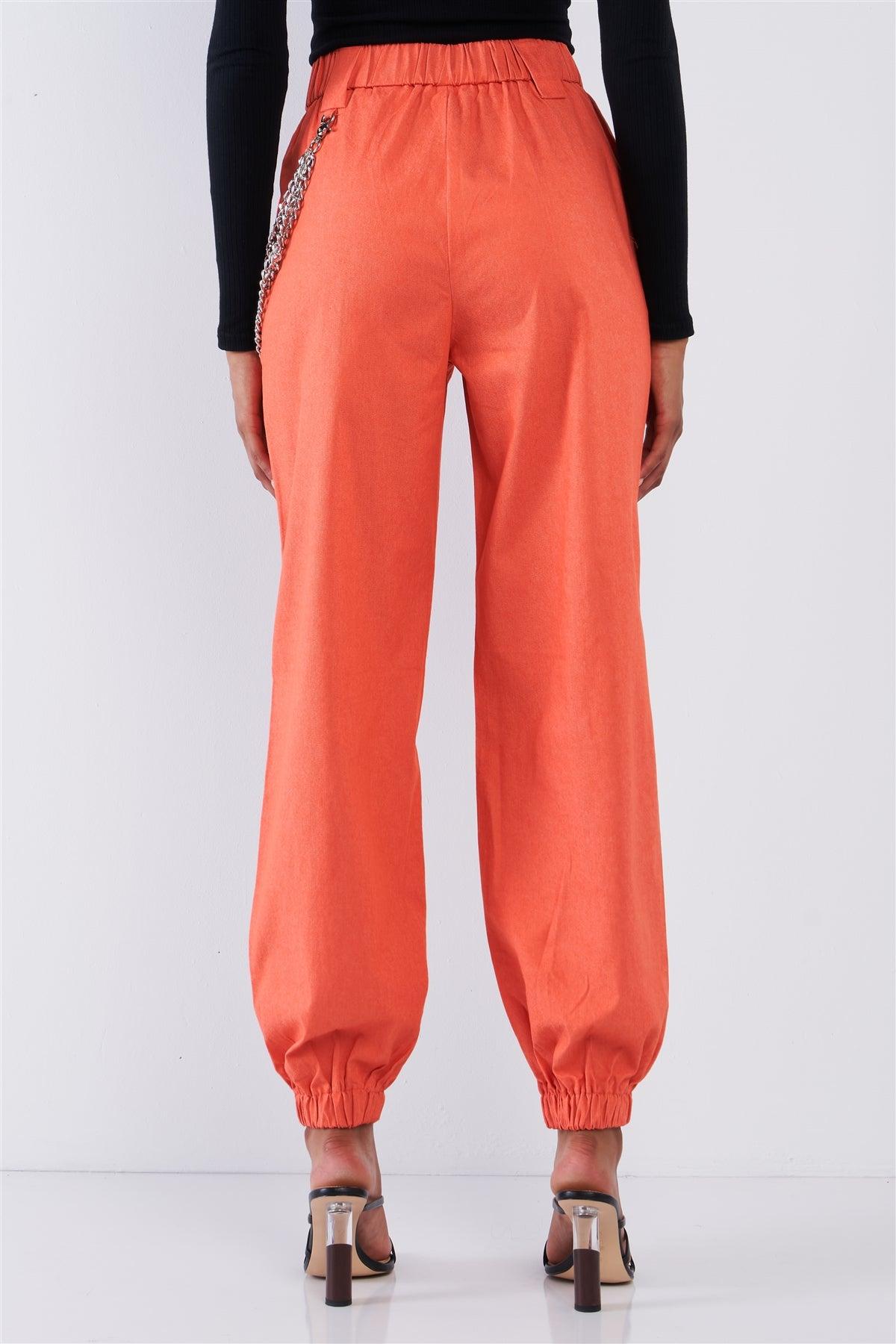 Solid Orange Parachute Cargo Jogger Pants With Chain Hardware Detail /2-2-2