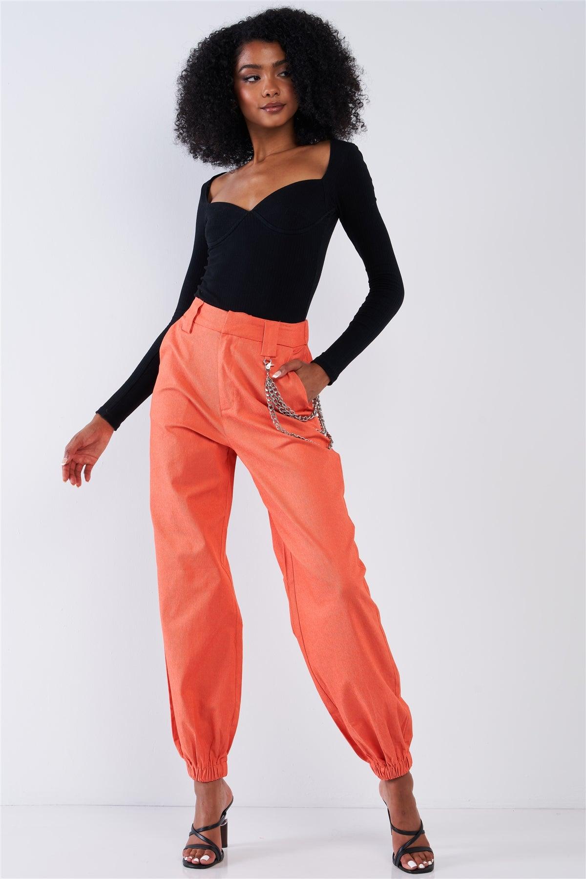 Solid Orange Parachute Cargo Jogger Pants With Chain Hardware Detail /2-2-2