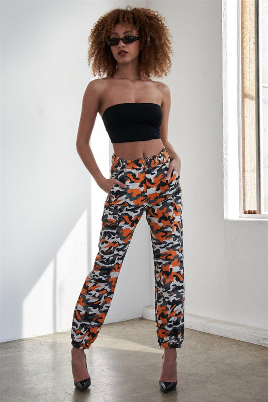 Orange Camouflage Belted High Waist Cargo Jogger Pants /1-2-1-3