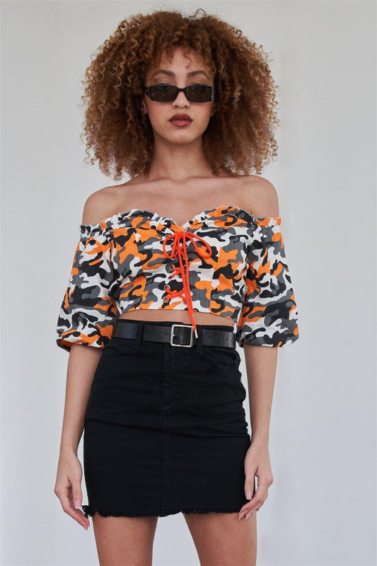 Orange Camouflage Off The Shoulder Mid-Length Puff Sleeve Crop Top /2-2-2