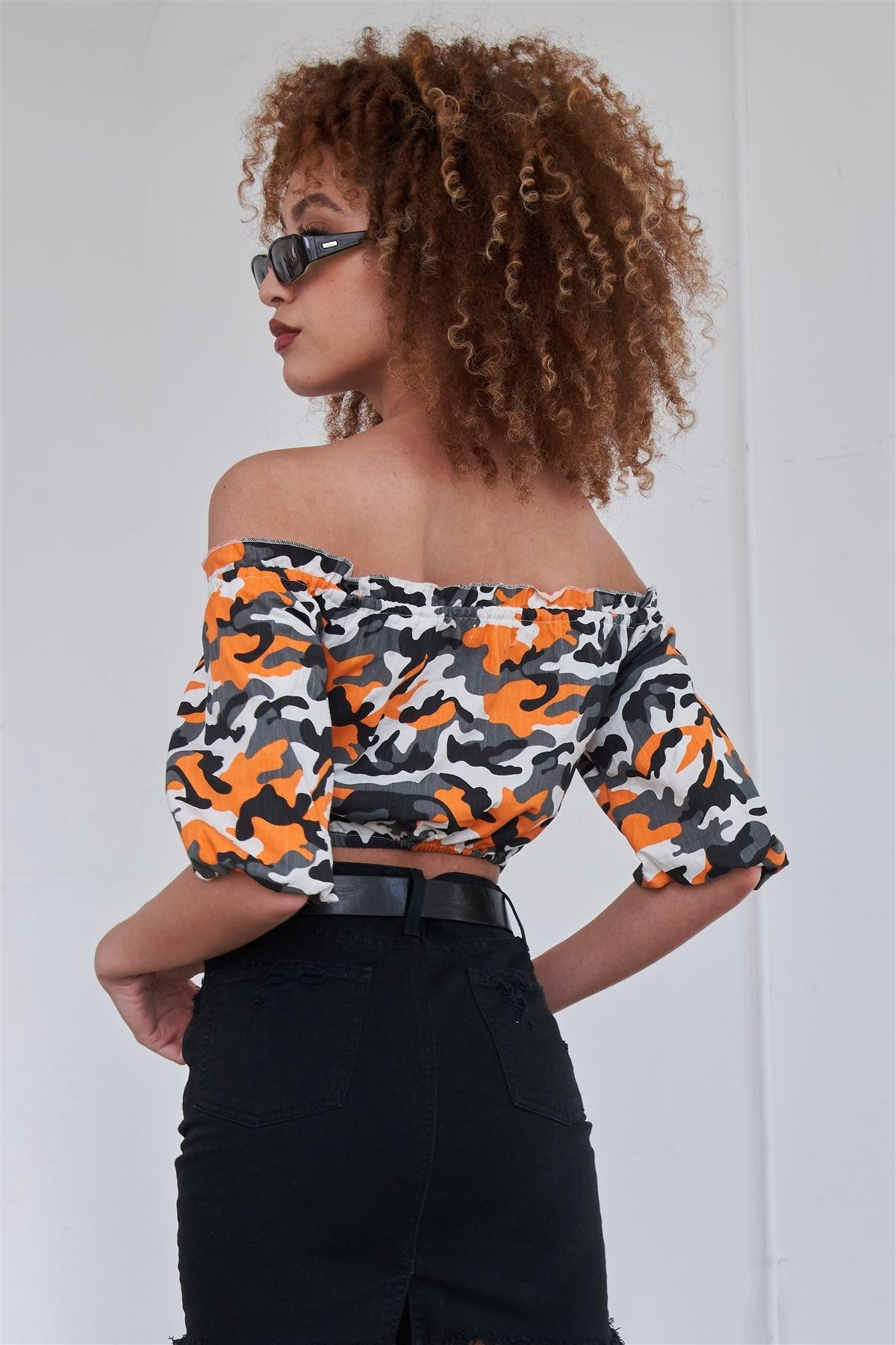 Orange Camouflage Off The Shoulder Mid-Length Puff Sleeve Crop Top /2-2-2