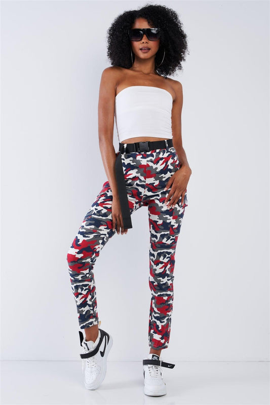 Red Camouflage High Waisted Plastic Black Side Buckle In Release Belted Cargo Jogger Pants /2-2-2