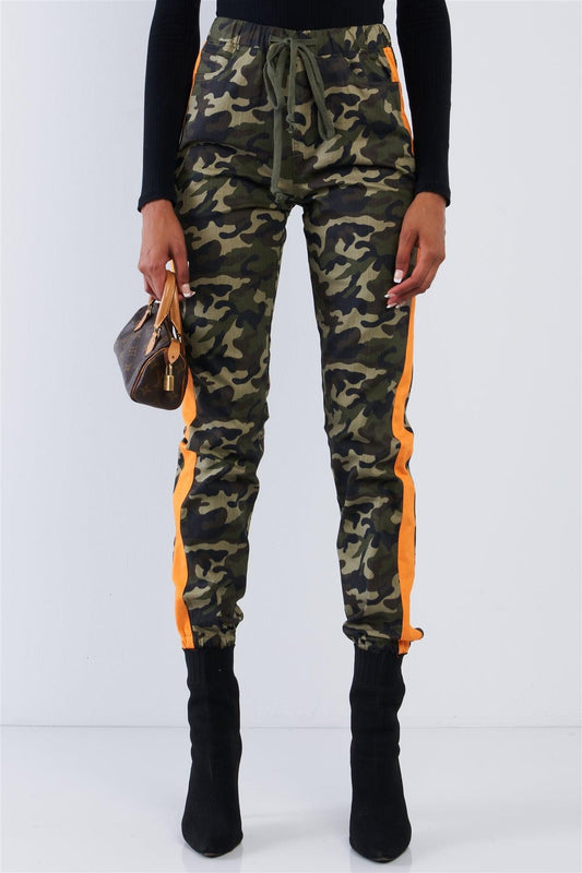 Olive Camouflage High Waisted Orange Striped Elastic Waist Draw String Cargo Pants /1-2-1