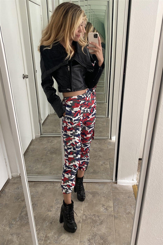 High Waisted Red & White & Blue Camouflage Cargo Jogger Pants / 2-2-2