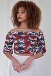 Navy & Red Zipper Front Off The Shoulder Cargo Pocket Camouflage Print Crop Top