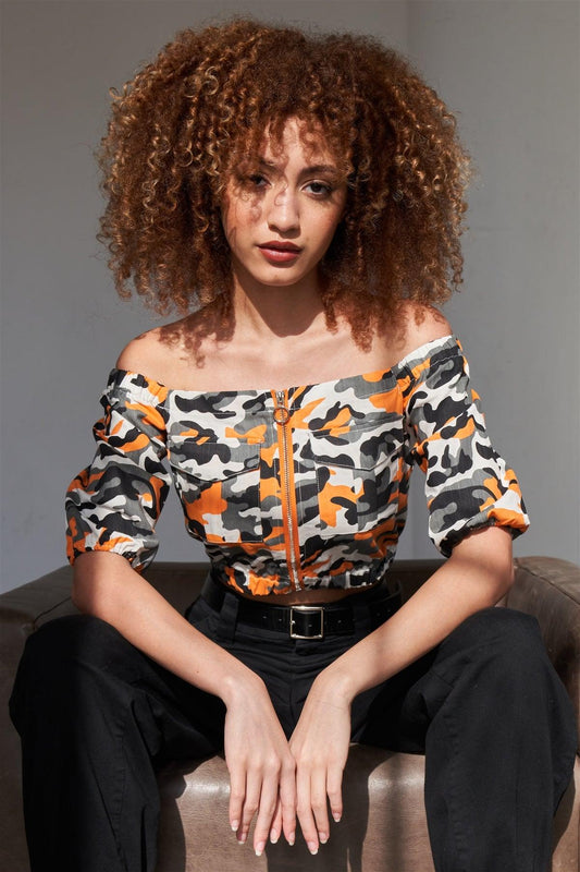 Orange Zipper Front Off The Shoulder Cargo Pocket Camouflage Print Crop Top /2-2-2