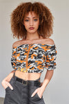 Orange Zipper Front Off The Shoulder Cargo Pocket Camouflage Print Crop Top