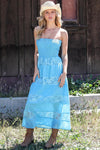 Sky Blue Smocked Bodice Floral Crochet Details Sleeveless Boho Midi Dress /2-2-2