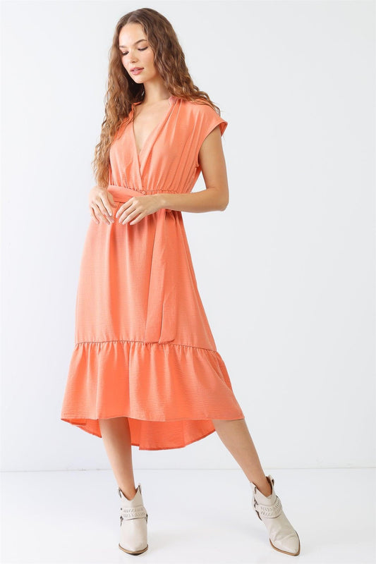 Peach Textured Wrap V-Neck Belted Flare Hem Midi Dress /1-2-3-1