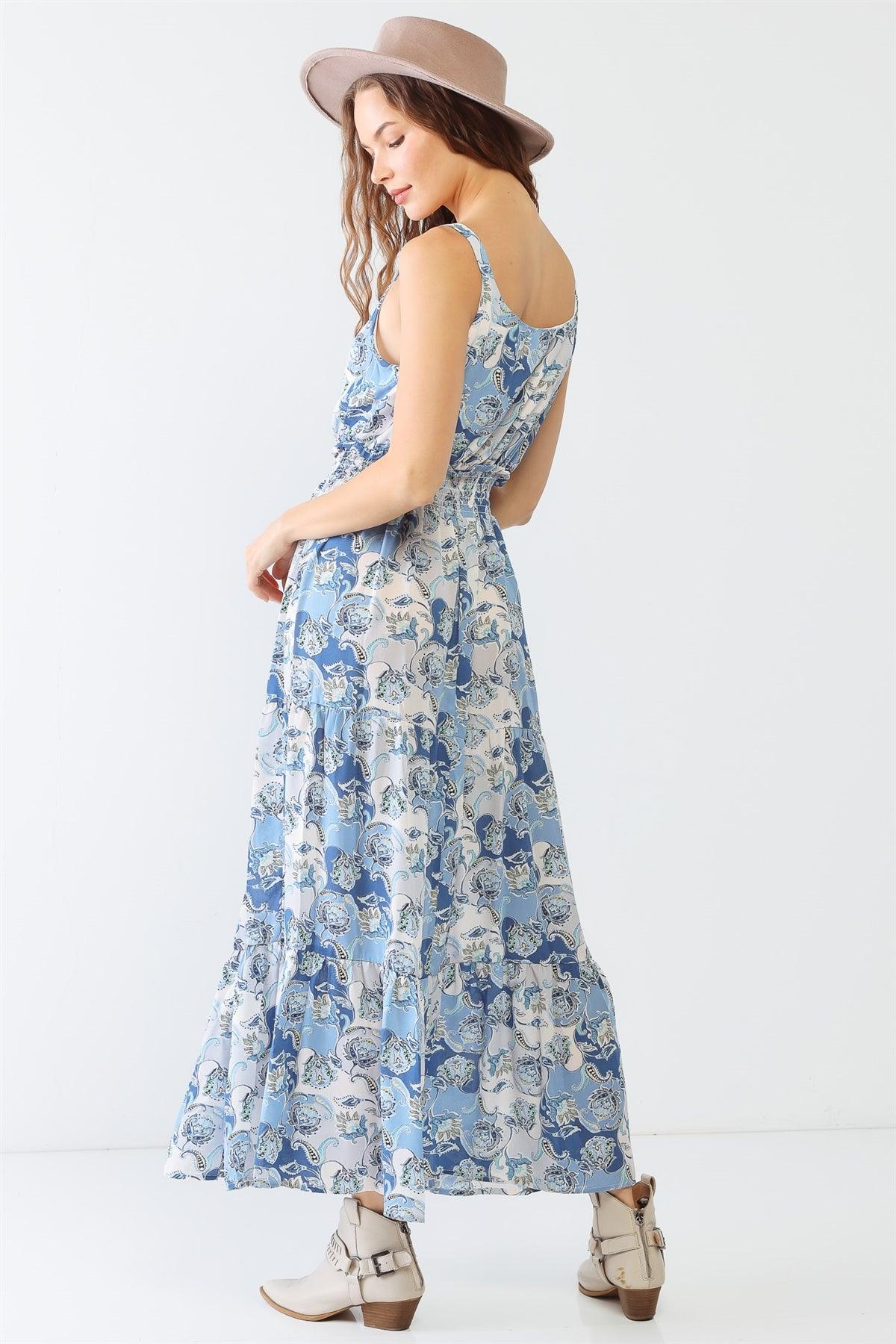 Blue Paisley Print Sleeveless Strappy Self-Tie Neck Smocked Flare Hem Maxi Dress /1-2-2-1