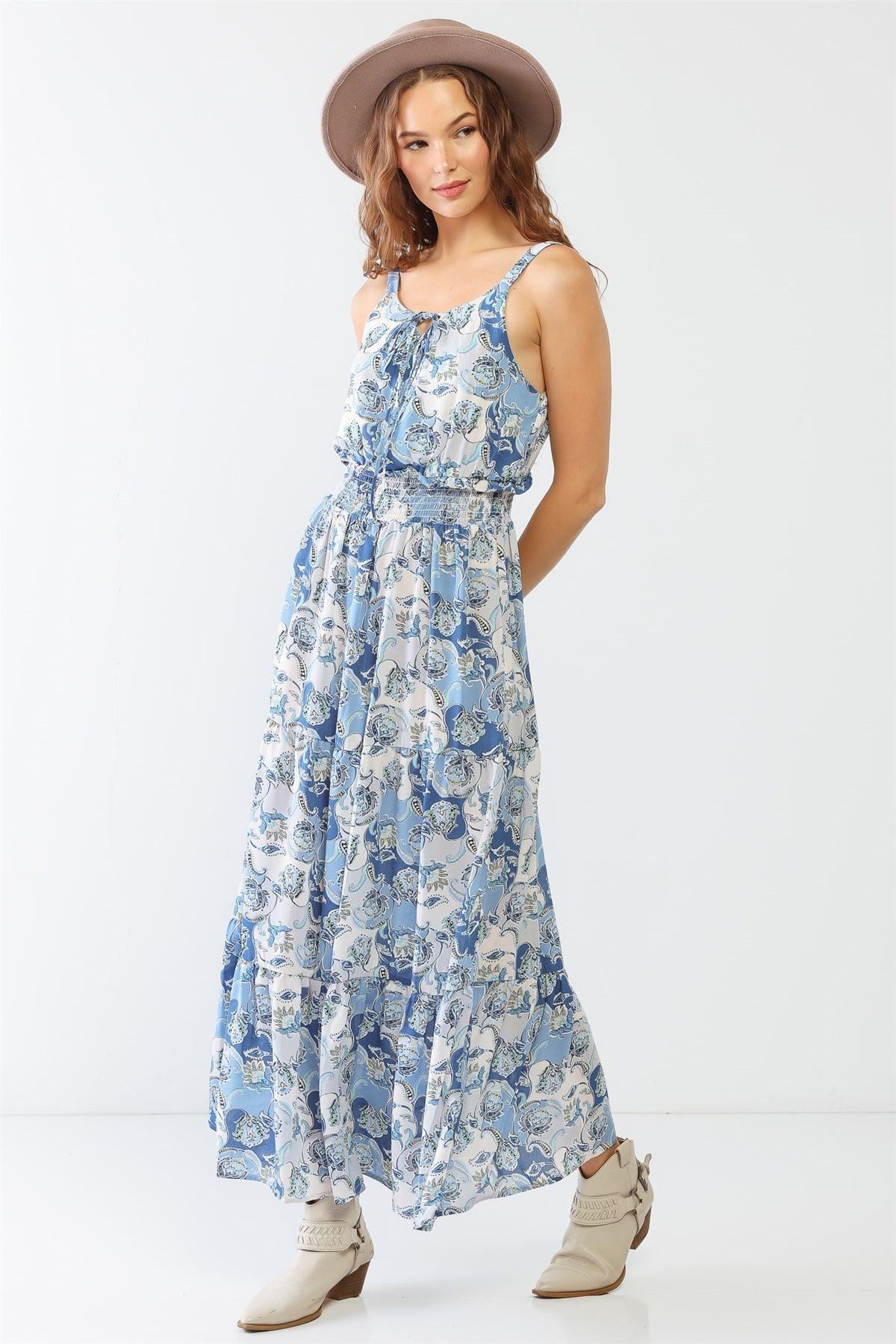 Blue Paisley Print Sleeveless Strappy Self-Tie Neck Smocked Flare Hem Maxi Dress /1-2-2-1