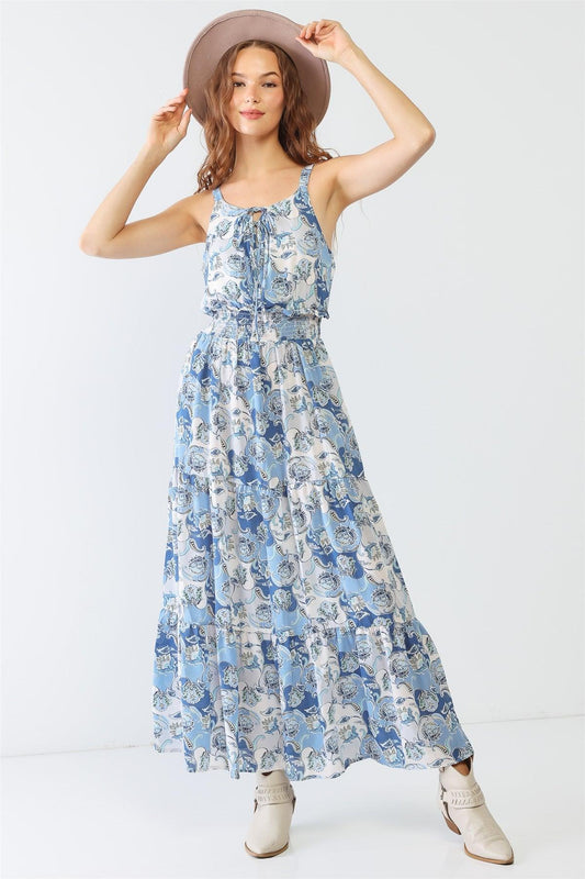 Blue Paisley Print Sleeveless Strappy Self-Tie Neck Smocked Flare Hem Maxi Dress /2-2-2