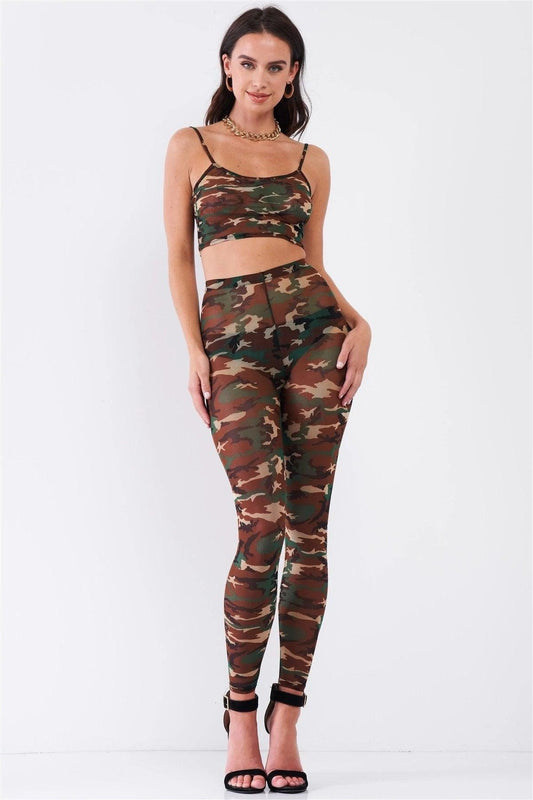 Camo Print Sexy Sheer Mesh Sleeveless Crop Top & High Waist Legging Set /2-2-1