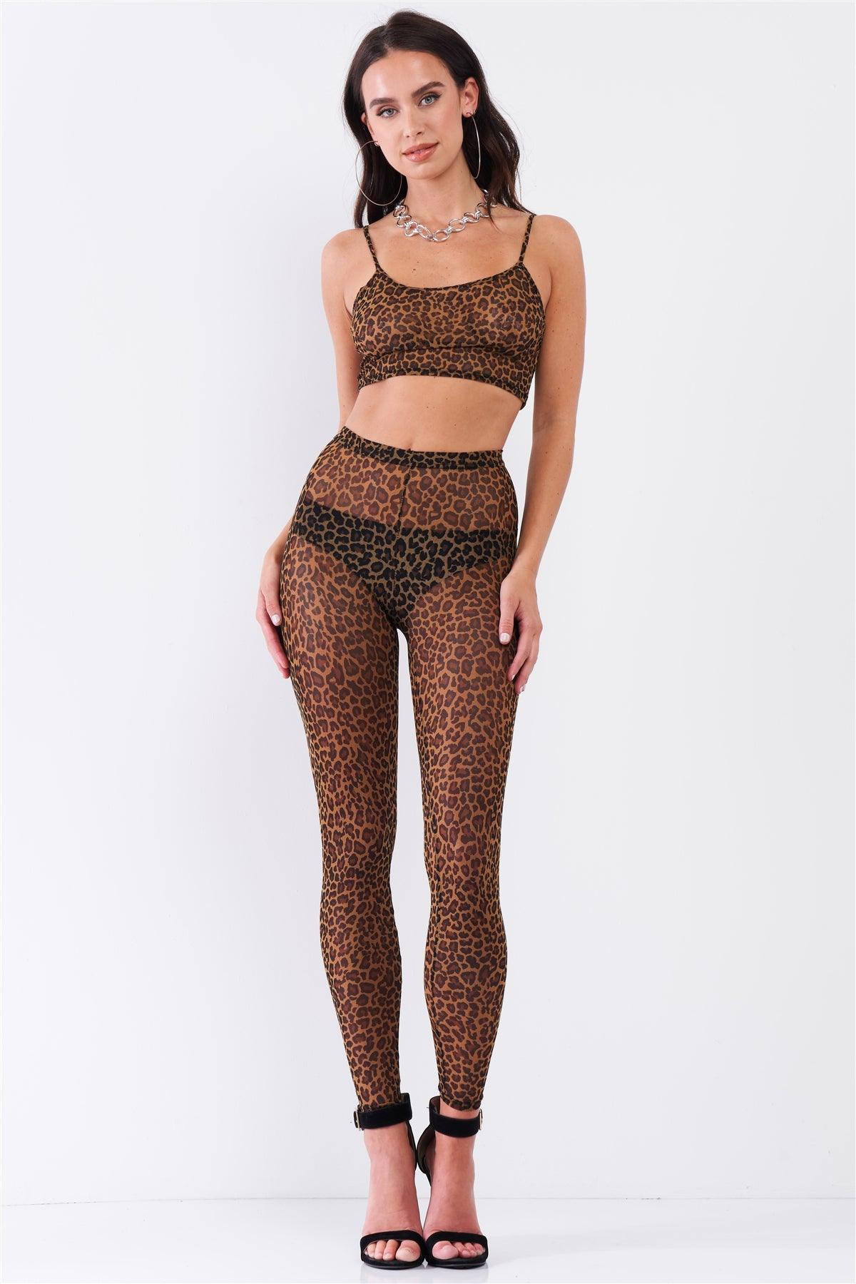 Leopard Print Sexy Sheer Mesh Sleeveless Crop Top & High Waist Legging Set /3-2