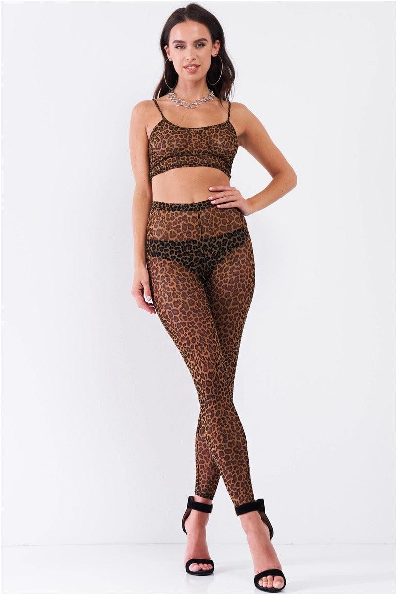 Leopard Print Sexy Sheer Mesh Sleeveless Crop Top & High Waist Legging Set /2-2-2