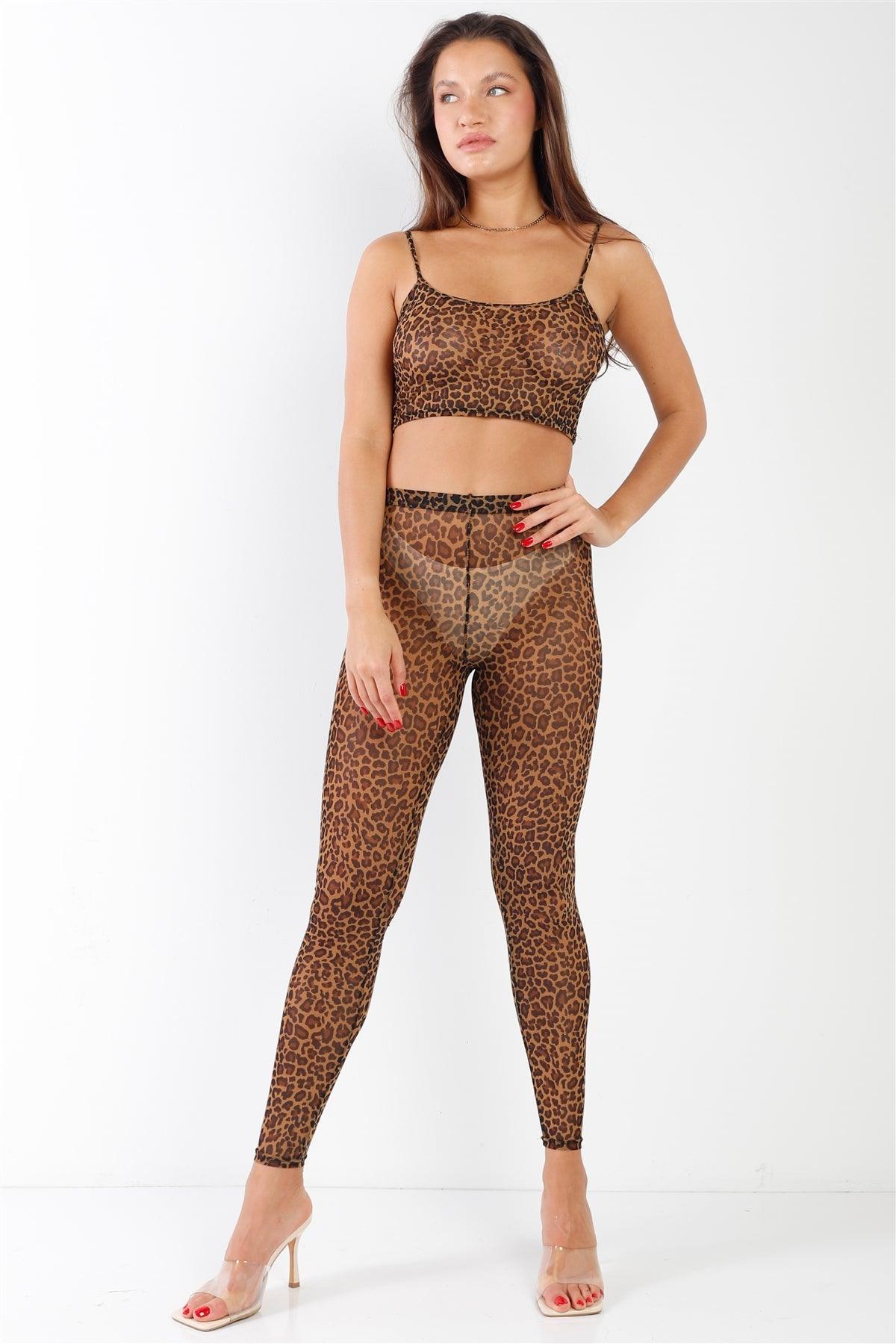 Leopard Print Sexy Sheer Mesh Sleeveless Crop Top & High Waist Legging Set /2-2-2