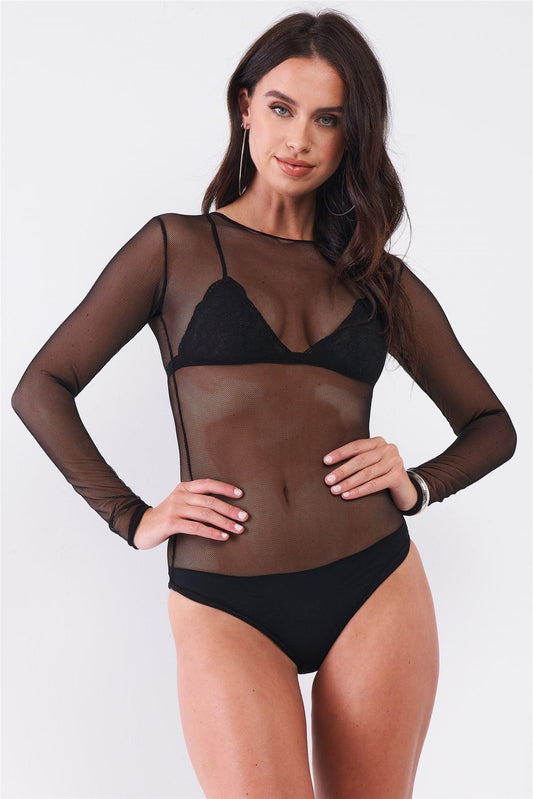 Black Sexy Fine Fishnet Sheer Mesh Crew Neck Long Sleeve Bodysuit /1-2-3