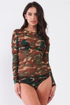 Camo Print Sexy Fine Fishnet Sheer Mesh Crew Neck Long Sleeve Bodysuit