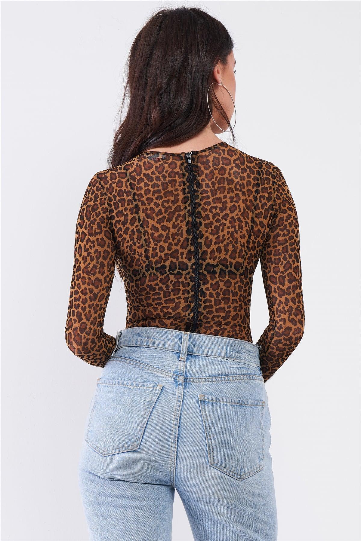 Leopard Print Sexy Fine Fishnet Sheer Mesh Crew Neck Long Sleeve Bodysuit /2-2-2