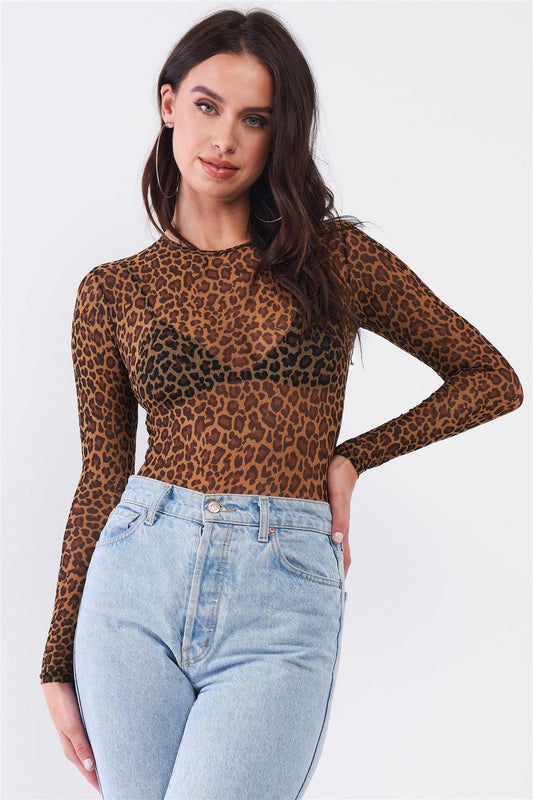 Leopard Print Sexy Fine Fishnet Sheer Mesh Crew Neck Long Sleeve Bodysuit