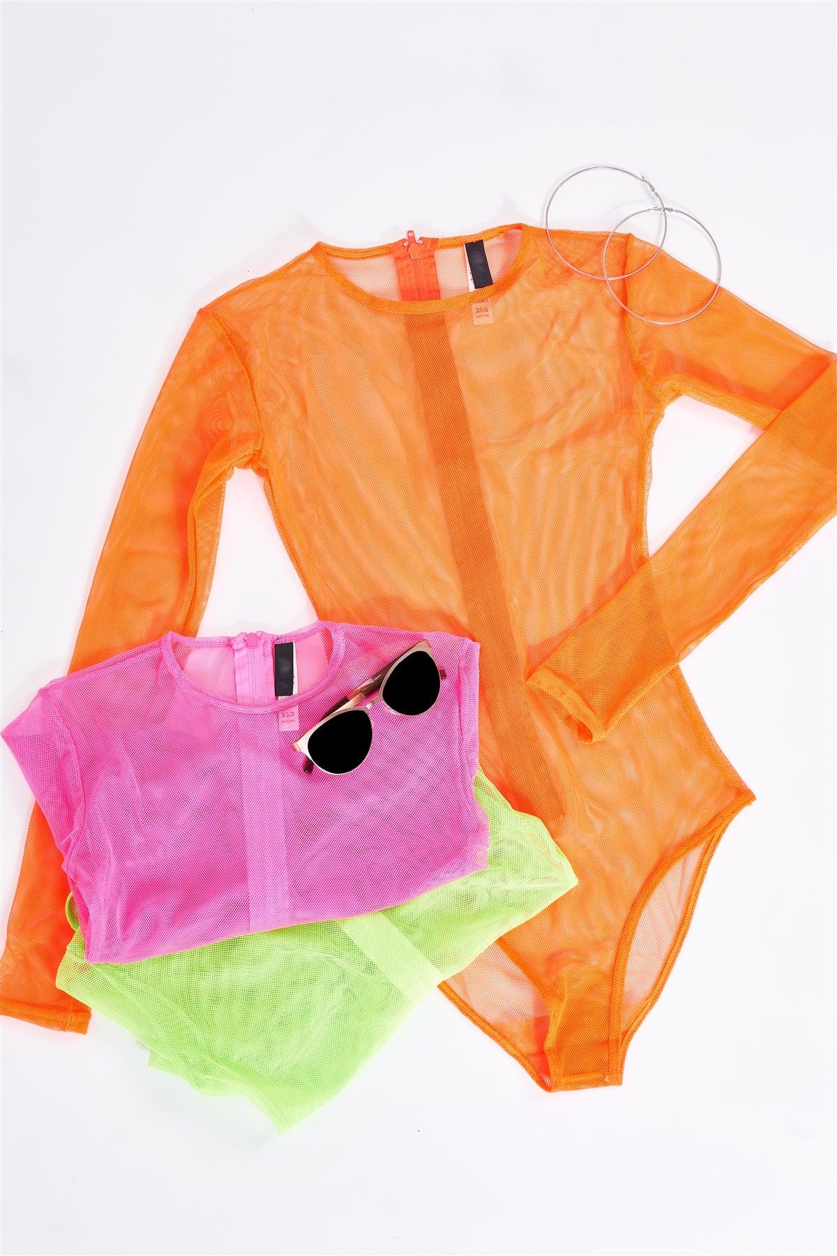 Neon Orange Sexy Fine Fishnet Sheer Mesh Crew Neck Long Sleeve Bodysuit /1-2-2-1