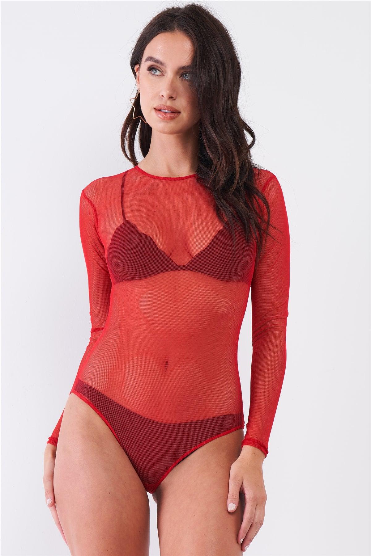 Wild Rose Red Sexy Fine Fishnet Sheer Mesh Crew Neck Long Sleeve Bodysuit /2-3-1