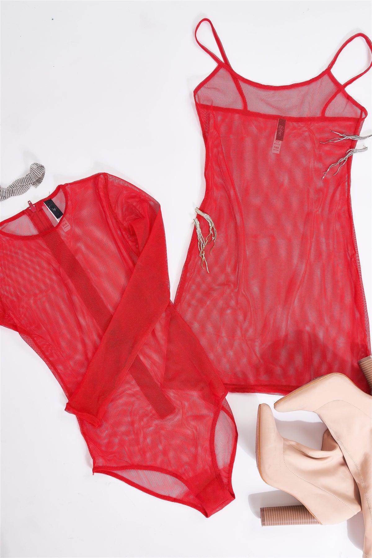 Wild Rose Red Sexy Fine Fishnet Sheer Mesh Crew Neck Long Sleeve Bodysuit /2-3-1