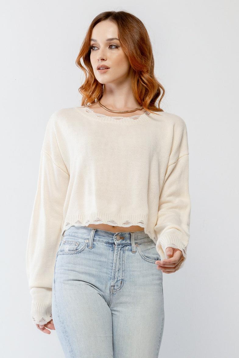 Cream Knit Distressed Detail Long Sleeve Crop Sweater/3-2-1