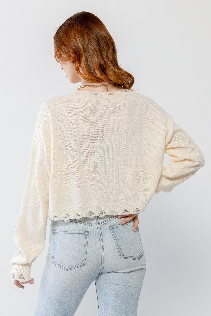 Cream Knit Distressed Detail Long Sleeve Crop Sweater /3-2-1