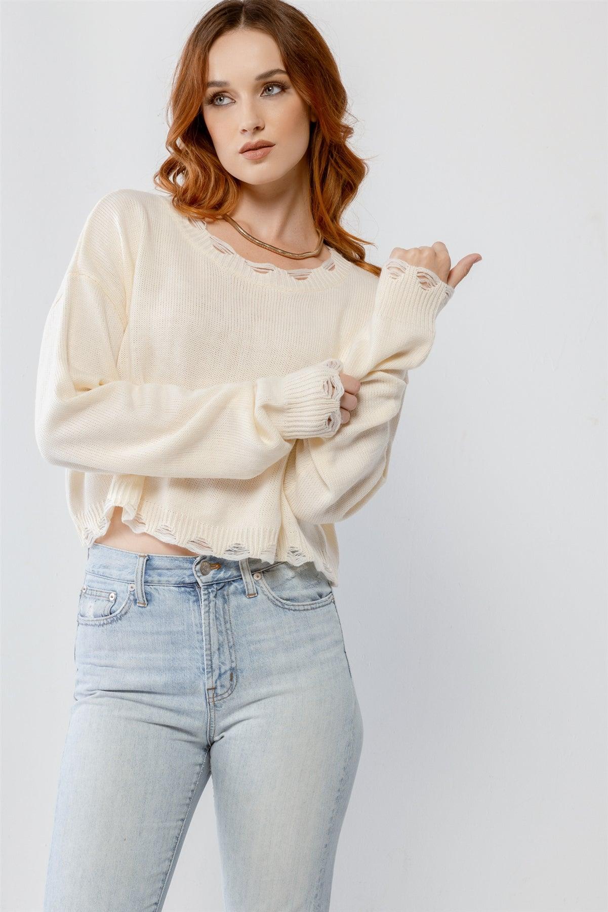 Cream Knit Distressed Detail Long Sleeve Crop Sweater /3-2-1