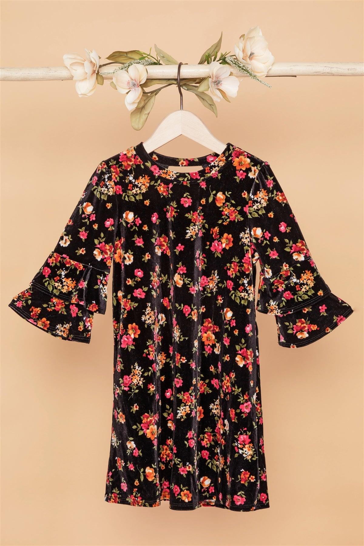 Girls Black Velvet Floral Ruffle Sleeves Dress /1-2-1-1