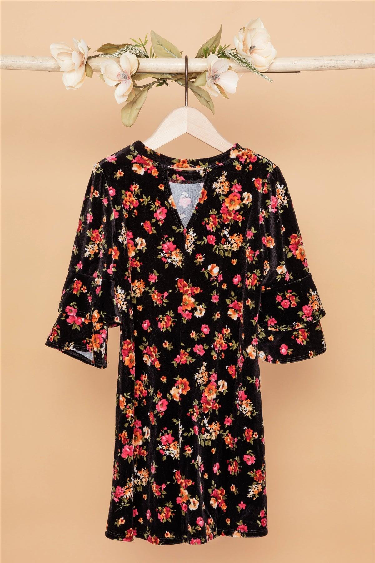 Toddler Girls Black Velvet Floral Ruffle Sleeves Dress /1-2-1-1