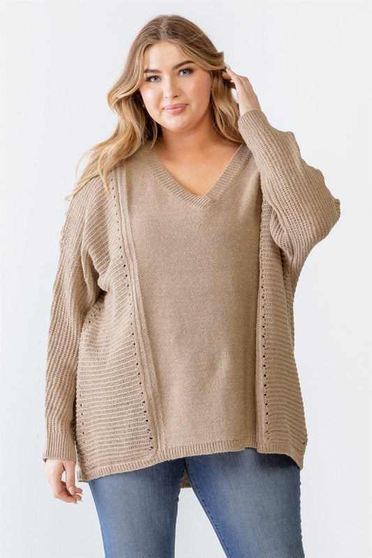 Junior Plus Mocha Waffle Knit Dolman Sleeve V-Neck Sweater /3-3