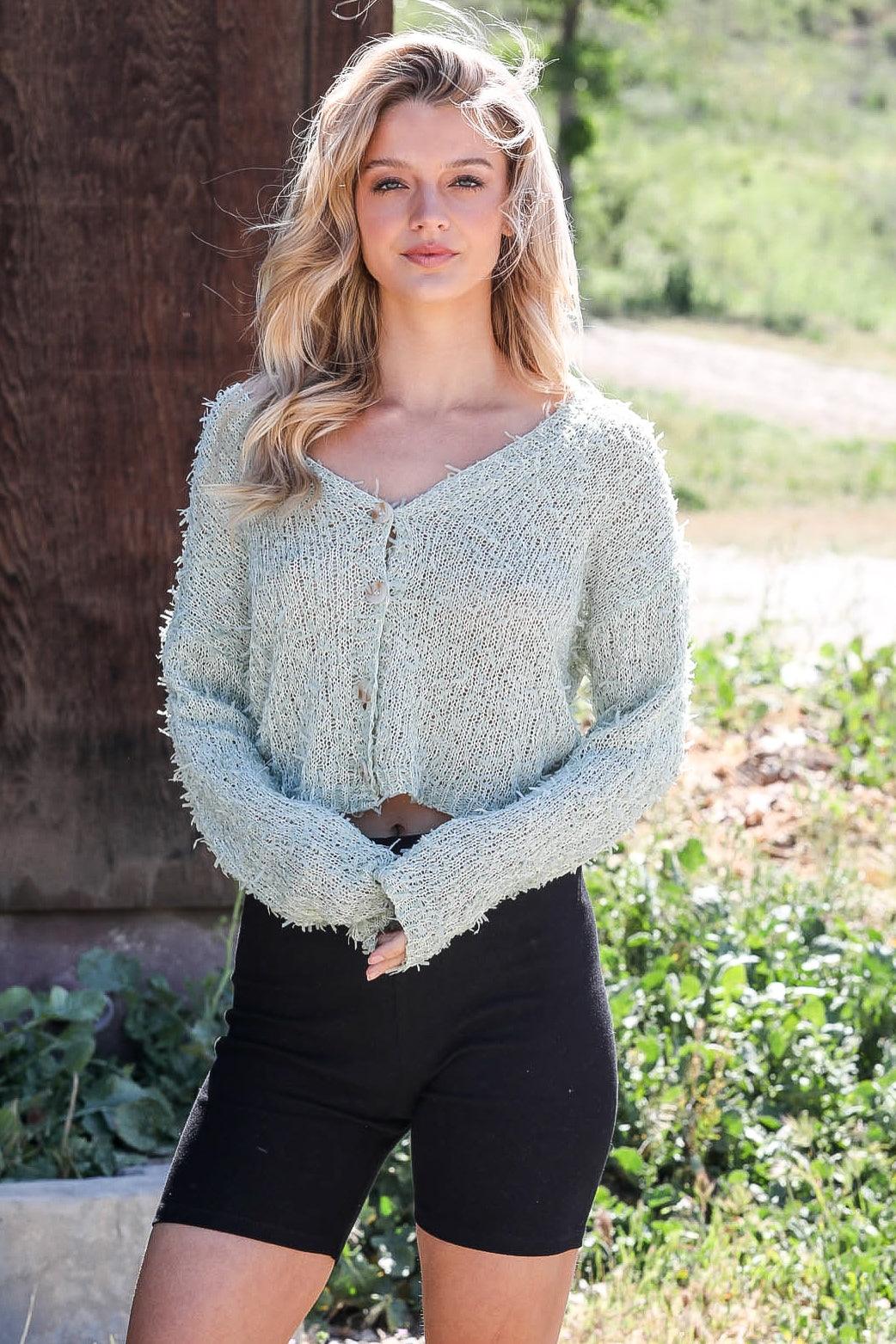 Sage Boho Textured Knit Long Sleeve Cardigan Top /2-2-2