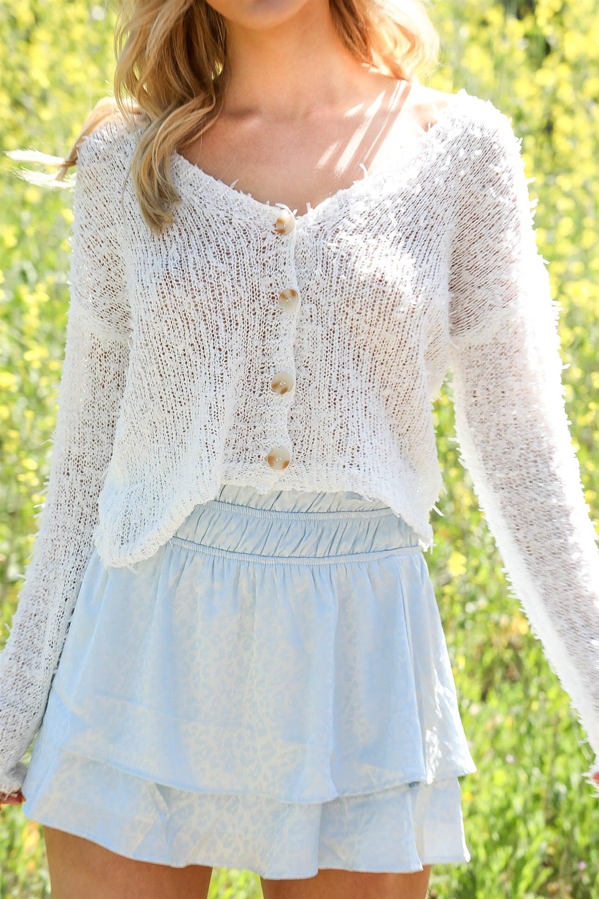 White Boho Textured Knit Long Sleeve Cardigan Top /1-2-2