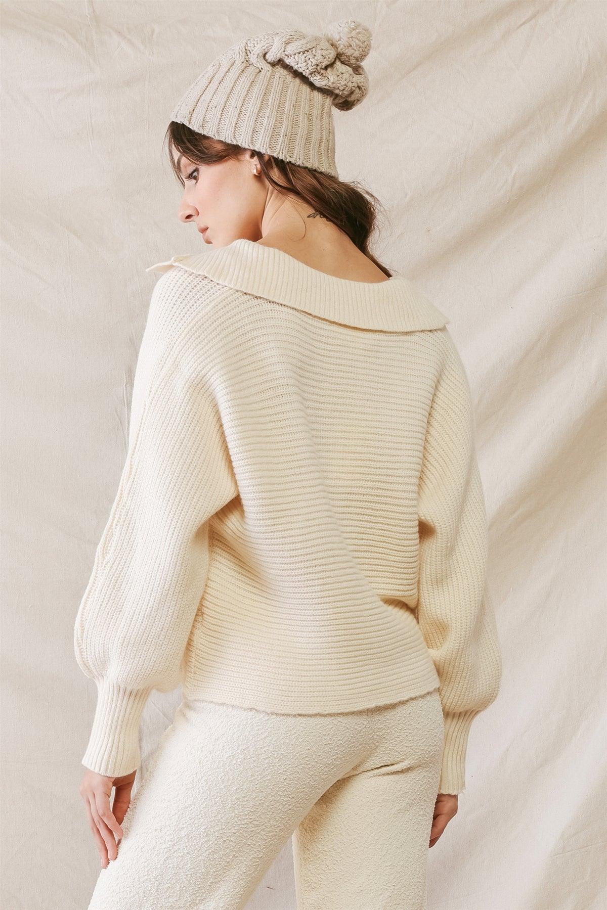 Cream Knit Collared Long Sleeve Cropped Sweater /2-2-2