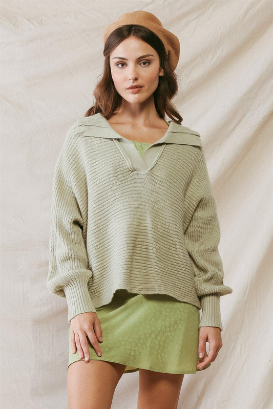 Sage Knit Collared Long Sleeve Cropped Sweater /2-2-2