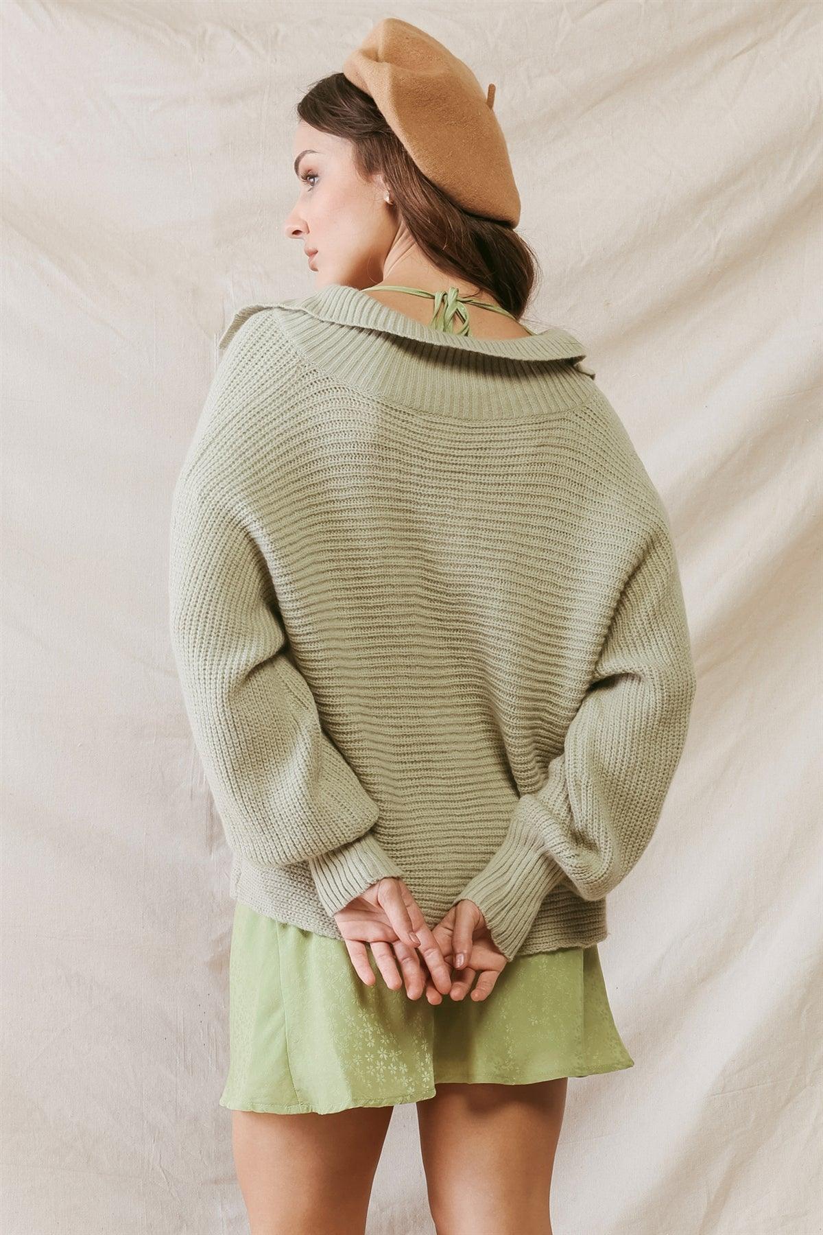 Sage Knit Collared Long Sleeve Cropped Sweater /2-2-2