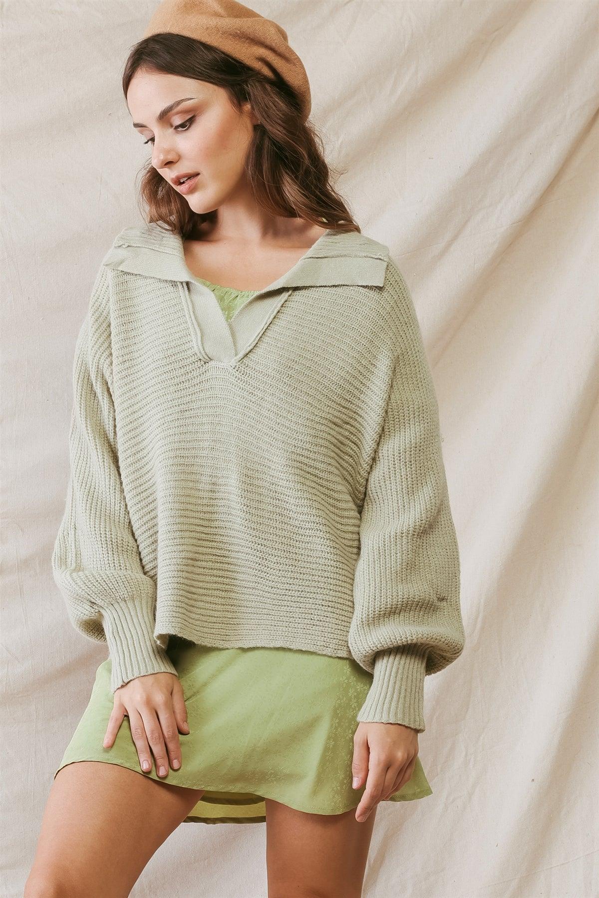 Sage Knit Collared Long Sleeve Cropped Sweater /2-2-2