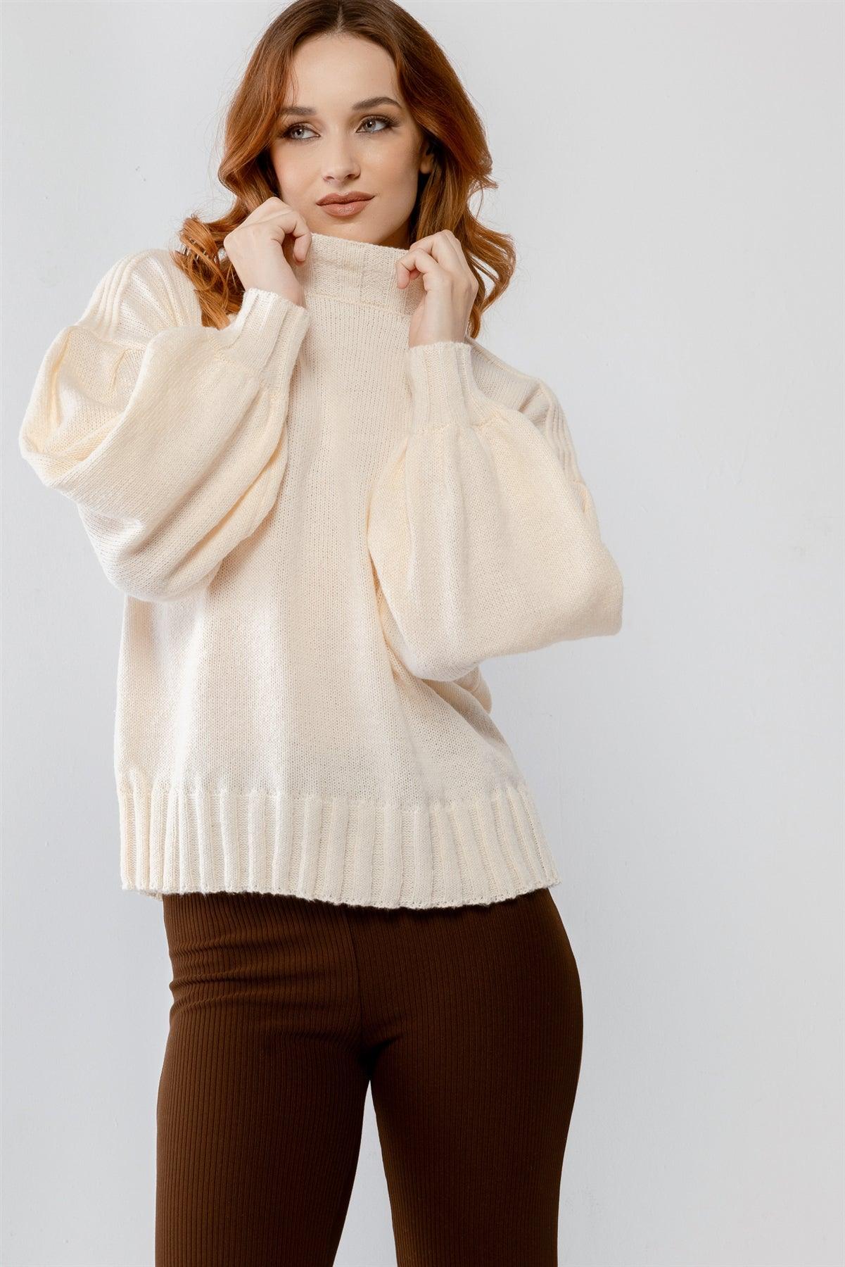 Cream Knit Crew Neck Long Sleeve Sweater /2-2-2