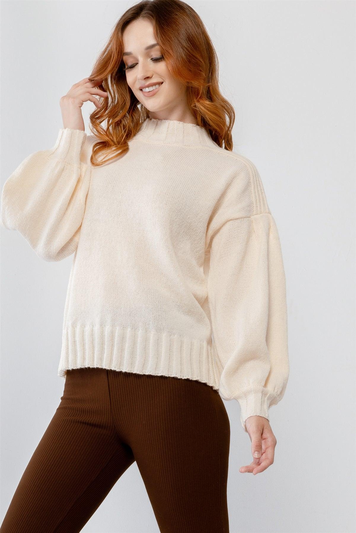 Cream Knit Crew Neck Long Sleeve Sweater /2-2-2