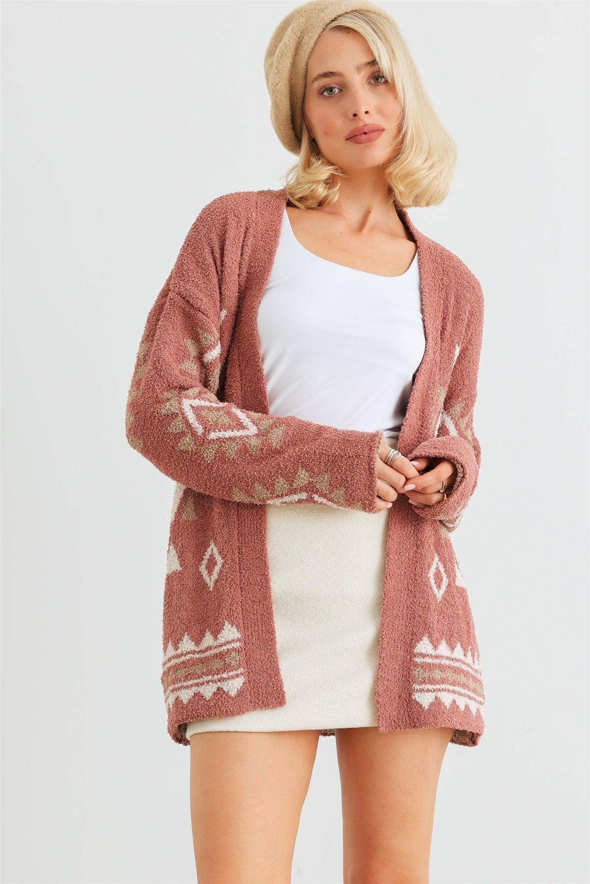 Brick Tribal Print Knit Long Sleeve Open Front Cardigan /2-2