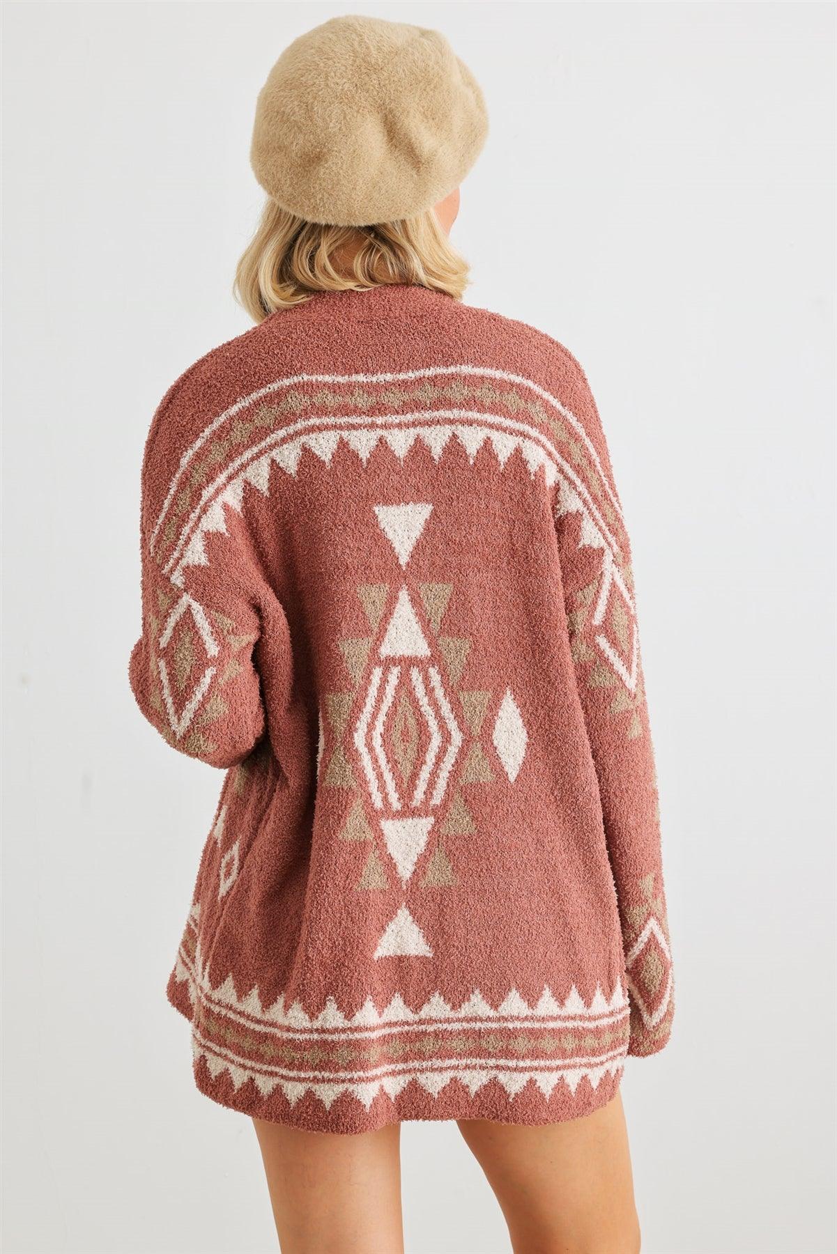 Brick Tribal Print Knit Long Sleeve Open Front Cardigan /2-2