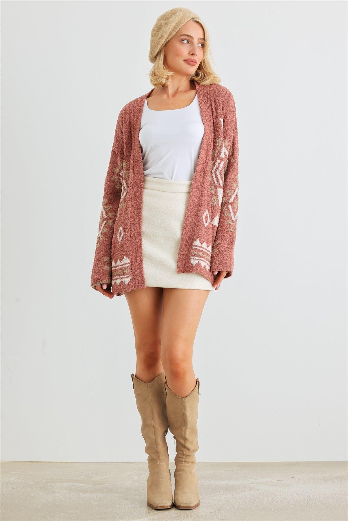 Brick Tribal Print Knit Long Sleeve Open Front Cardigan /2-2