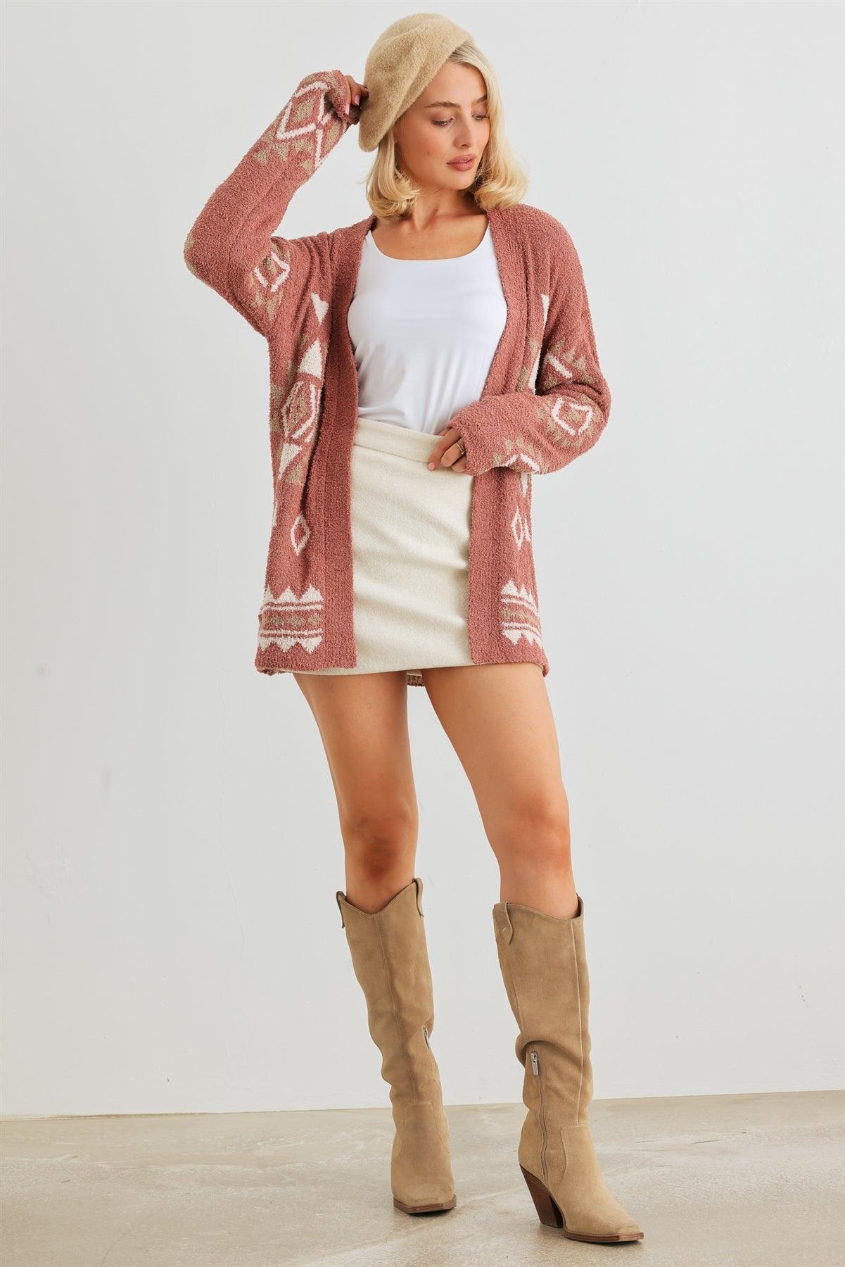 Brick Tribal Print Knit Long Sleeve Open Front Cardigan /2-2