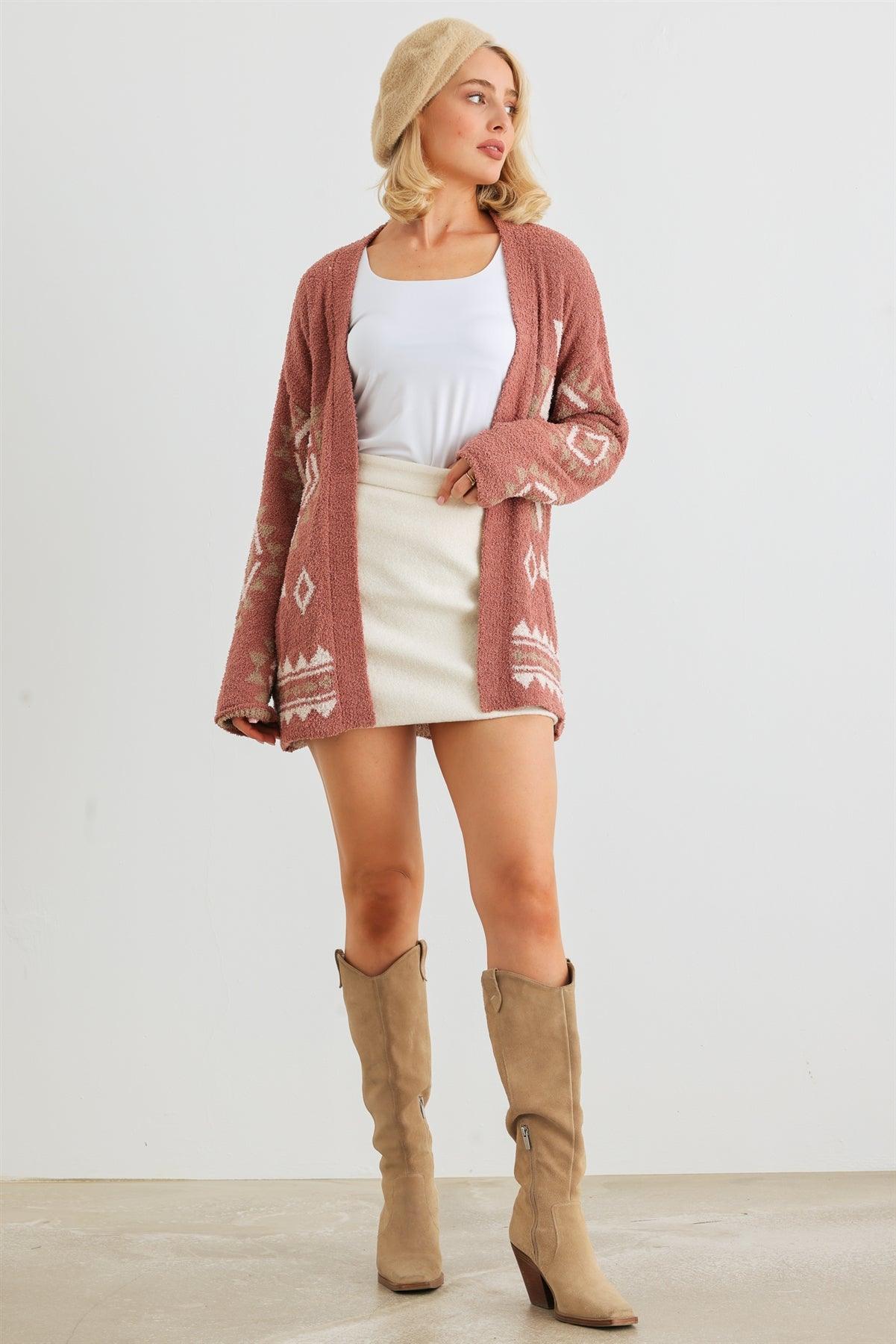 Brick Tribal Print Knit Long Sleeve Open Front Cardigan /2-2